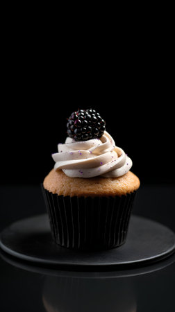 Cupcake with blackberry and whipped cream on a black backgroundの素材