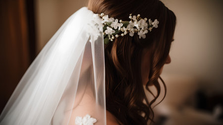 Beautiful bride in white wedding dress and flowers in her hair.の素材
