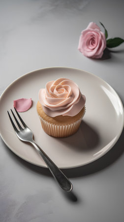 Cupcake with pink cream and rose petals on a white plateの素材