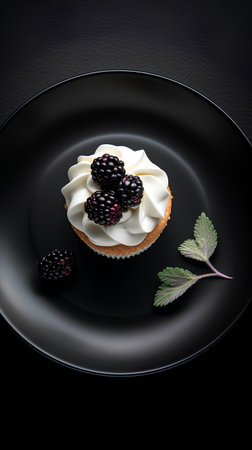 Blackberry tartlet with whipped cream on black plate on black backgroundの素材