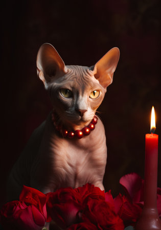 Portrait of a Sphynx cat with red roses and burning candleの素材