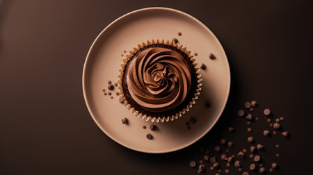 Chocolate cupcake on a plate with chocolate chips on a dark backgroundの素材