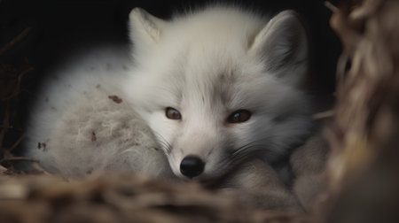 Portrait of a white fox cub in a nest. Selective focus.の素材
