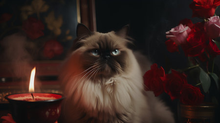 Siberian cat on the background of a burning candle and red rosesの素材