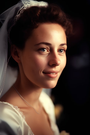 Portrait of a beautiful bride in a white dress on a black backgroundの素材