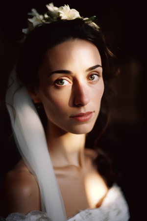 Portrait of a beautiful bride in a white wedding dress with a wreath on her headの素材