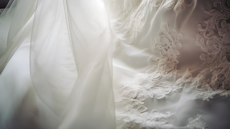 Beautiful white wedding dress with lace. Close up. Selective focus.の素材