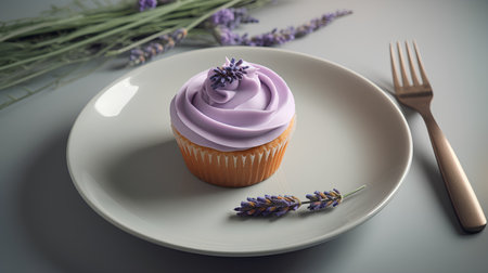 Delicious cupcake with lavender on plate. 3d renderingの素材