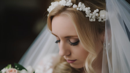 Portrait of a beautiful blonde bride with makeup and hairstyle.の素材
