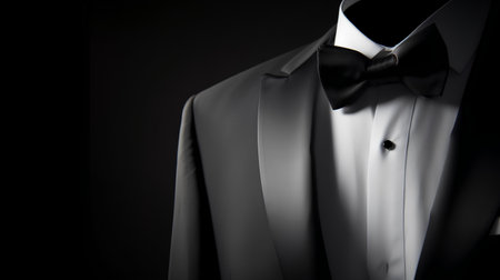 Men's tuxedo with bow tie isolated on black background.の素材
