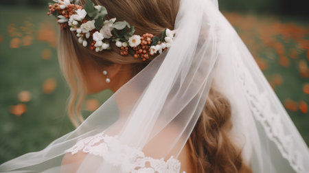 beautiful blonde bride in a wreath of flowers on her headの素材