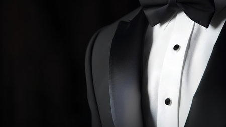 Tuxedo with bow tie and cufflinks on dark background.の素材