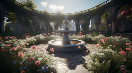 Fountain in the garden. 3D render. Computer graphics.の素材