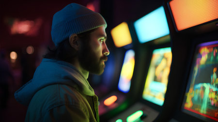 Young man playing video game at night club. Entertainment and technology concept.の素材