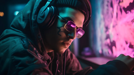 Portrait of a young asian man in headphones playing online games.の素材
