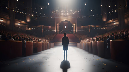 Rear view of a businessman standing in front of an empty churchの素材