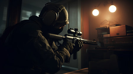 Armed man with a machine gun in a dark room at nightの素材