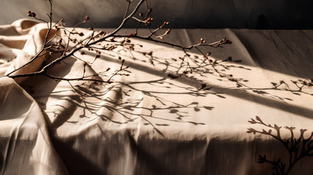 dry branches on linen tablecloth in sunlight, vintage toned imageの素材