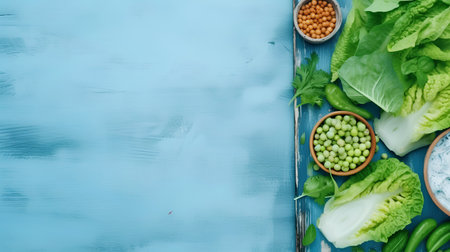 Green vegetables on blue wooden background. Top view with copy space.の素材