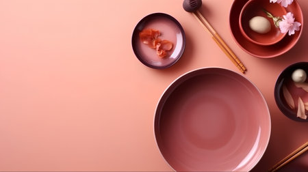 bowls and chopsticks on a pink background with space for textの素材