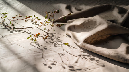 Cotton fabric with branches on the bed in the morning light.の素材