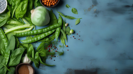 Fresh green vegetables and spices on blue background. Top view with copy spaceの素材