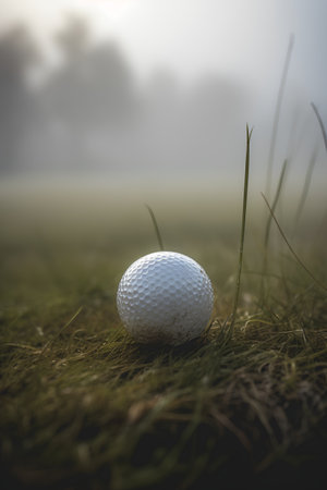 Golf ball on green grass with foggy background. Toned.の素材
