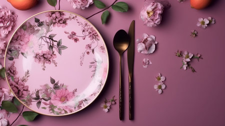 Plate, fork and spoon on a pink background with flowers.の素材