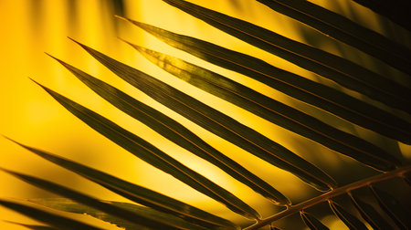 Palm leaves on yellow background. Close up. Copy space.の素材