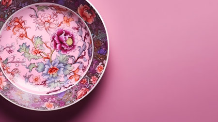Vintage porcelain plate with floral pattern on a pink backgroundの素材