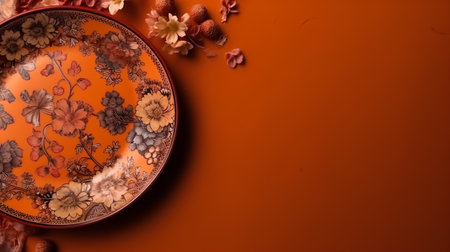 Red plate with floral pattern on orange background, copy space for textの素材
