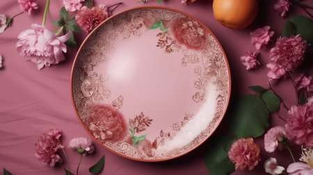 Pink plate with flowers and fruits on a pink background, top viewの素材