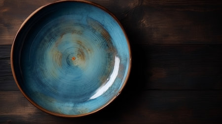 Empty blue plate on a dark wooden background. Top view. Copy space.の素材