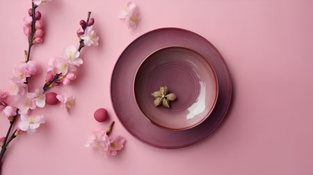 Ceramic plate with cherry blossoms on a pink background.の素材