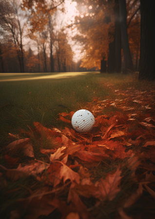 Golf ball on the green grass in the autumn forest with fallen leavesの素材