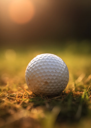 Golf ball on green grass ready to be shot into a holeの素材