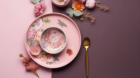 Pink porcelain bowl with milk and flowers on a pink backgroundの素材