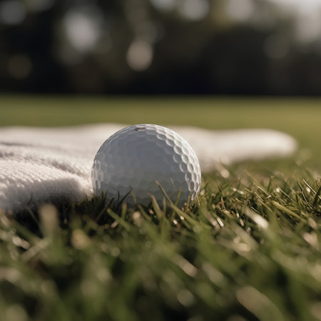 Golf ball on green grass and blurred background. Close up.の素材