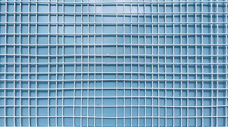 Metal grid on a blue wall as a background. Texture of metal.の素材