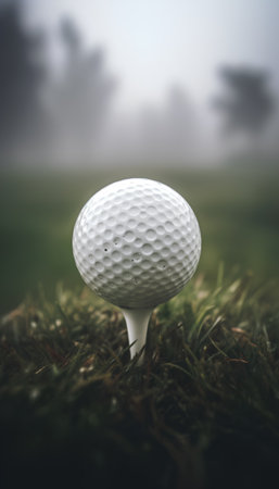 Golf ball on green grass with foggy background. Close up.の素材