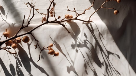 Branch of tree with shadow on white fabric background. Natural lightの素材