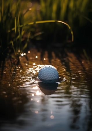 Golf ball on the sand in the water with bokehの素材