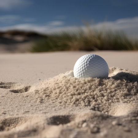 Golf ball on sand of sand dunes, shallow depth of fieldの素材