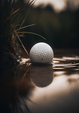 Golf ball on the sand in the water with shallow depth of fieldの素材