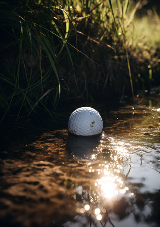 Golf ball on the sand in a puddle with sunbeamsの素材