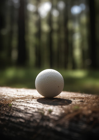 Golf ball on a wooden table in the forest. Selective focus.の素材