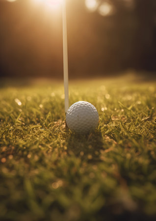 Golf ball on green grass at sunset. Close-up.の素材