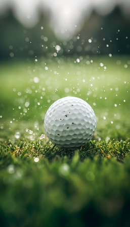 Golf ball on green grass with water drops and blurred background.の素材