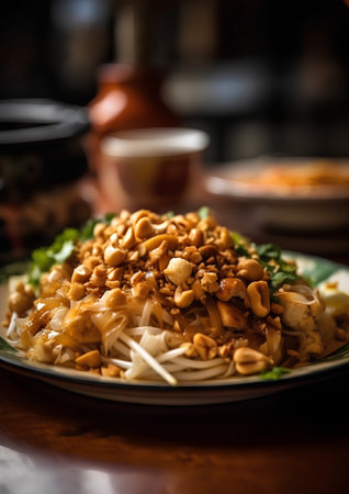 Rice noodles with peanuts and soy sauce on a wooden table.の素材