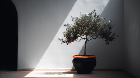 Olive tree in a black vase on the wall. 3d renderingの素材